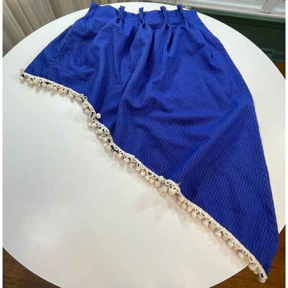 Vintage 70s pleated valance curtain, electric blue with white pompoms swag panel - Picture 1 of 10